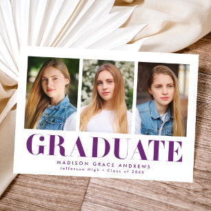 Simply Bold Purple 3 Photo Graduation Announcement