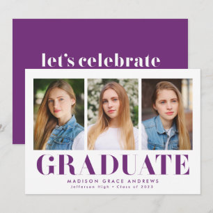 Simply Bold Purple 3 Photo Graduation Party Invitation