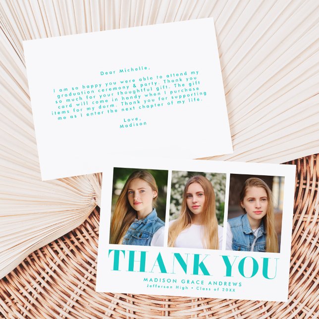 Simply Bold Turquoise 3 Photo Graduation Thank You Card (Creator Uploaded)