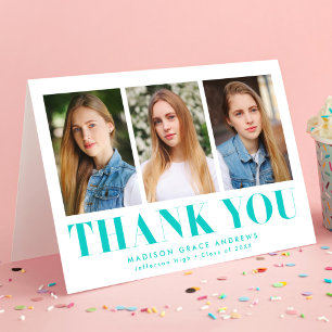 Simply Bold Turquoise 3 Photo Graduation Thank You Card
