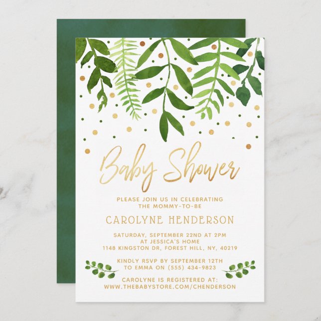 Simply Chic Greenery & Gold Baby Shower Invitation (Front/Back)