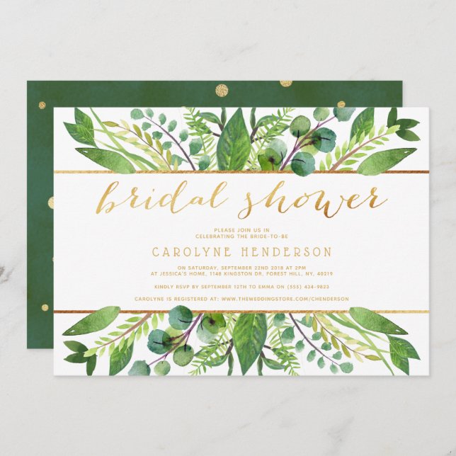 Simply Chic Greenery & Gold Bridal Shower Invitation (Front/Back)