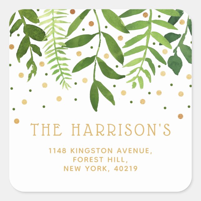 Simply Chic Greenery & Gold Return Address Square Sticker (Front)