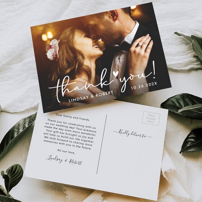 Simply Chic Script Wedding Photo Thank You Postcard (Creator Uploaded)