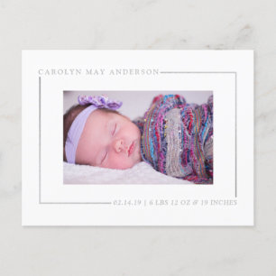 Simply Chic Silver Foil Photo Birth Announcement Postcard