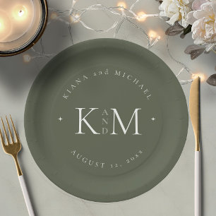 Simply Chic Wedding Initials Moss Green ID1046 Paper Plate