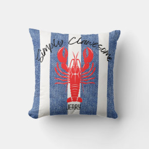 "SIMPLY CLAWESOME" Red Lobster on Denim Stripes Cushion