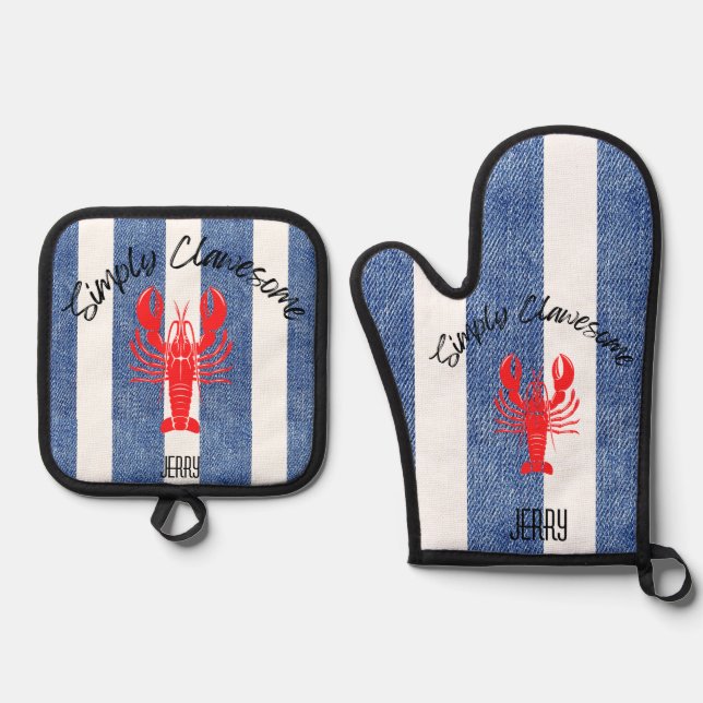 "SIMPLY CLAWESOME" Red Lobster on Denim Stripes Oven Mitt & Pot Holder Set (Front)