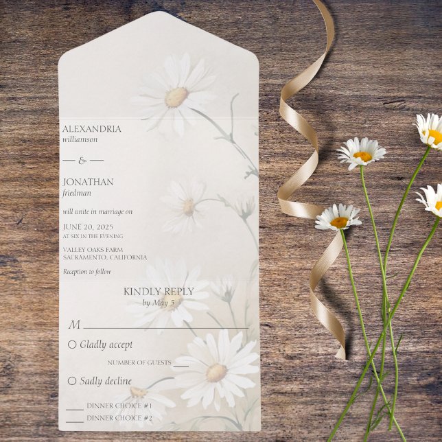 Simply Daisies with Dinner Options  All In One Invitation (Also available without dinner options or with QR code. )