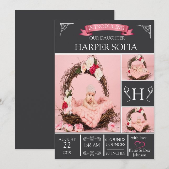 Simply Elegant Baby Girl Birth Announcement (Front/Back)