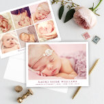 Simply Elegant Baby Girl Photo Collage Birth Announcement<br><div class="desc">Simply stylish photo birth announcement card to introduce your sweet baby features a large landscape newborn photo with classic style mauve pink / purple text (colour can be customised) that can be personalised with a name and birth stats. The back of the card includes a collage of six (6) additional...</div>