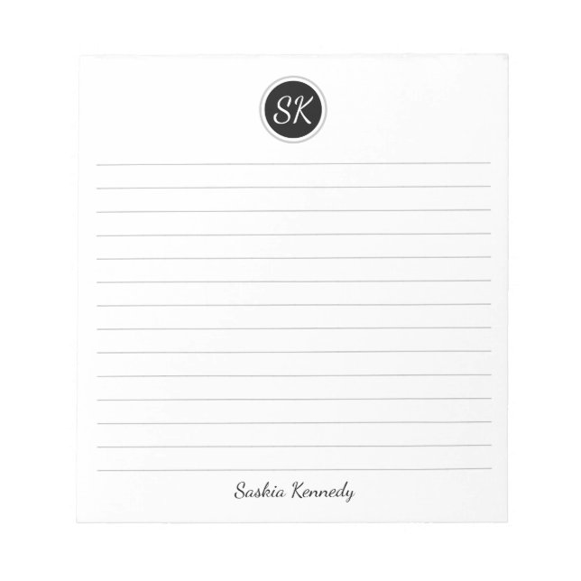 Simply Elegant Black Grey Lined Monogram Name Notepad (Front)