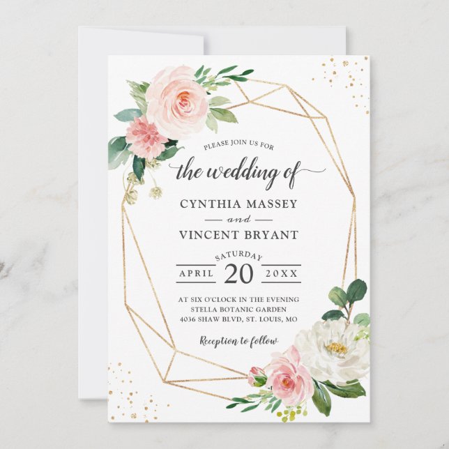 Simply Elegant Blush Floral Geometric Wedding Invitation (Front)