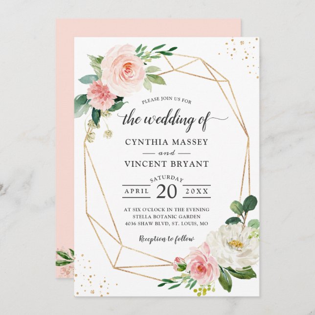 Simply Elegant Blush Floral Geometric Wedding Invitation (Front/Back)