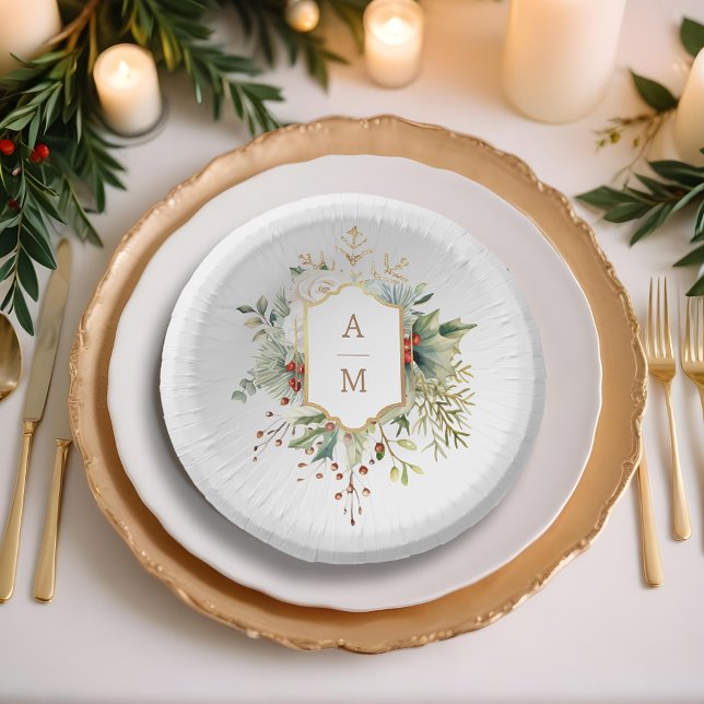 Simply Elegant Christmas Floral Monogram Paper Plate (Creator Uploaded)