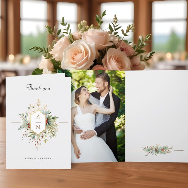 Simply Elegant Christmas Floral Monogram Thank You Card (Creator Uploaded)