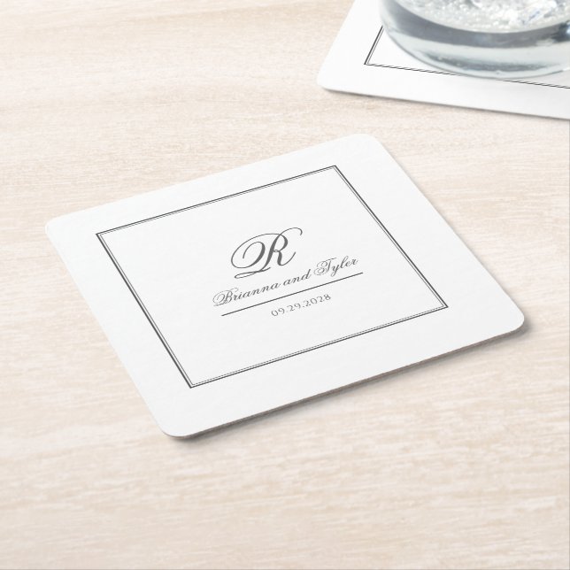 Simply Elegant Classic Wedding Monogram Square Paper Coaster (Angled)