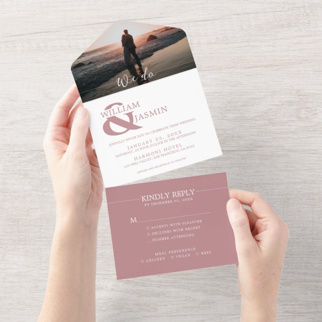 Simply Elegant Dusty Rose in White Photo Wedding All In One Invitation (Tearaway)