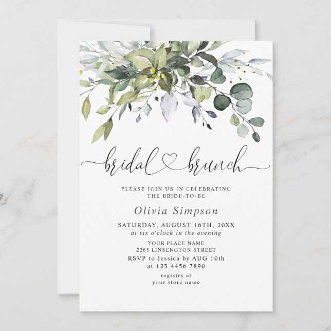 Simply Elegant Eucalyptus Bridal Brunch Invitation (Front)