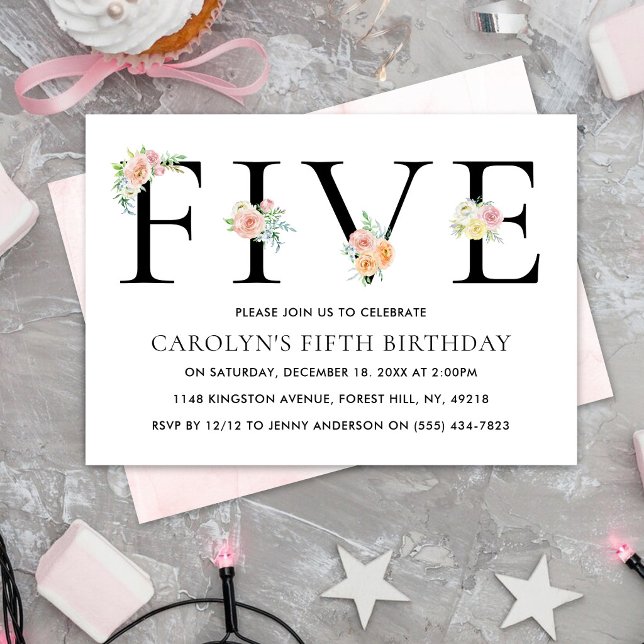 Simply Elegant Floral FIVE 5th Birthday Invitation (Creator Uploaded)