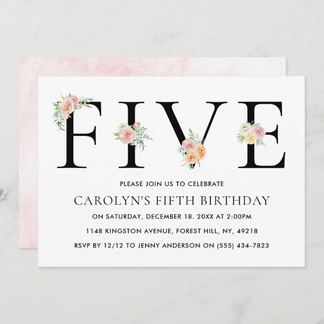 Simply Elegant Floral FIVE 5th Birthday Invitation (Front/Back)