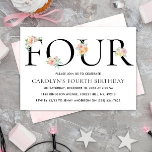 Simply Elegant Floral FOUR 4th Birthday Invitation