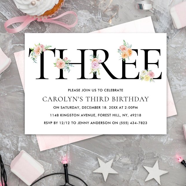 Simply Elegant Floral THREE 3rd Birthday Invitation (Creator Uploaded)