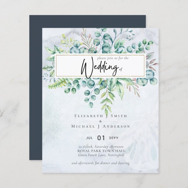 Simply Elegant Grey Blue Eucalyptus BUDGET Invite (Front/Back)