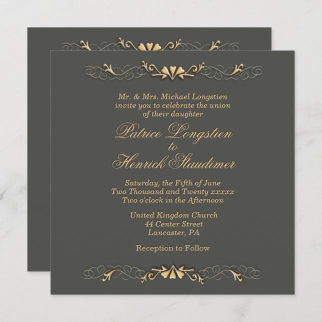 Simply Elegant Grey Gold Wedding Invitation (Front/Back)