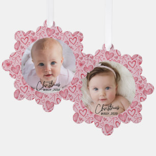 Simply Elegant Merry Christmas 2 Photo Pink hearts Tree Decoration Card