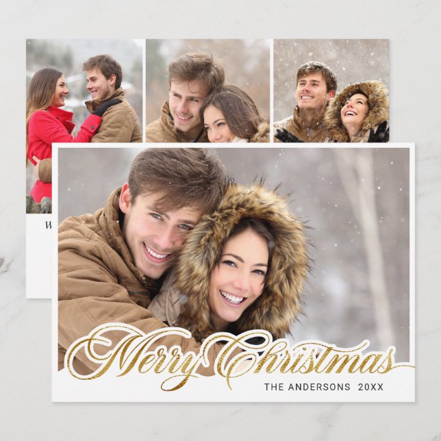 Simply Elegant Merry Christmas 4 PHOTO Greeting Holiday Card (Front/Back)