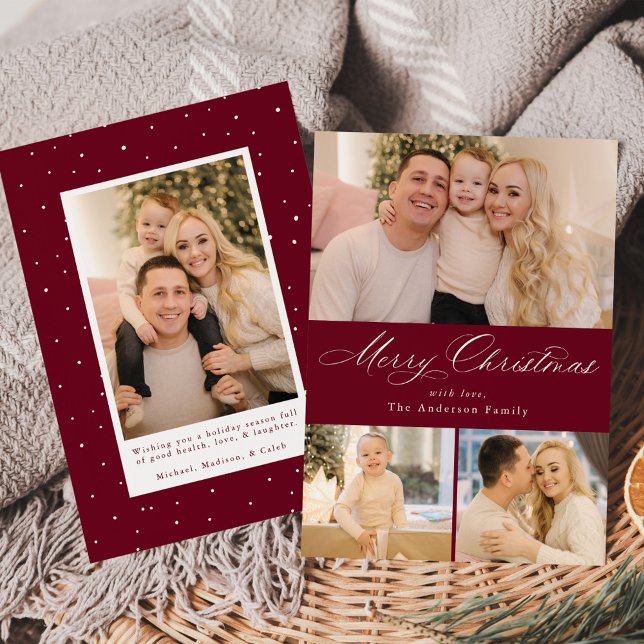 Simply Elegant Merry Christmas Burgundy 4 Photo Holiday Card (Creator Uploaded)