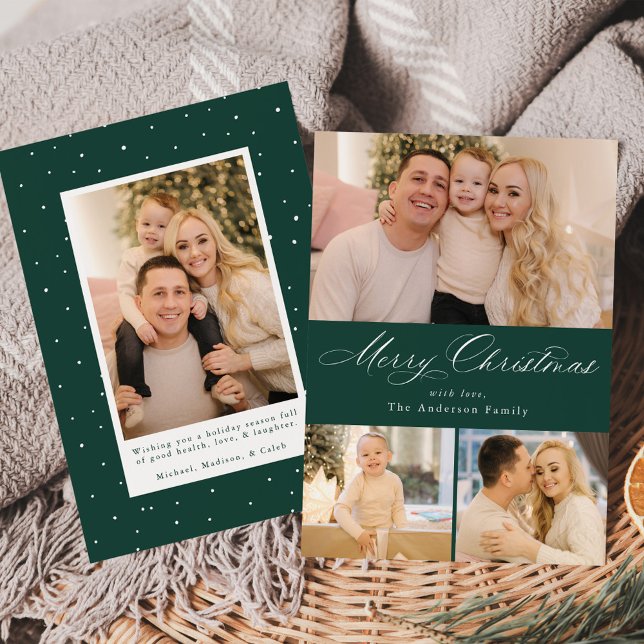 Simply Elegant Merry Christmas Green 4 Photo Holiday Card (Creator Uploaded)