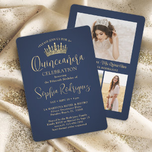 Simply Elegant Quinceañera 3 Photo Navy Blue Gold Invitation