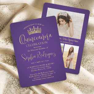 Simply Elegant Quinceañera 3 Photo Purple and Gold Invitation