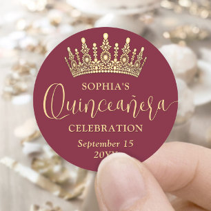 Simply Elegant Quinceañera Crown Burgundy and Gold Classic Round Sticker