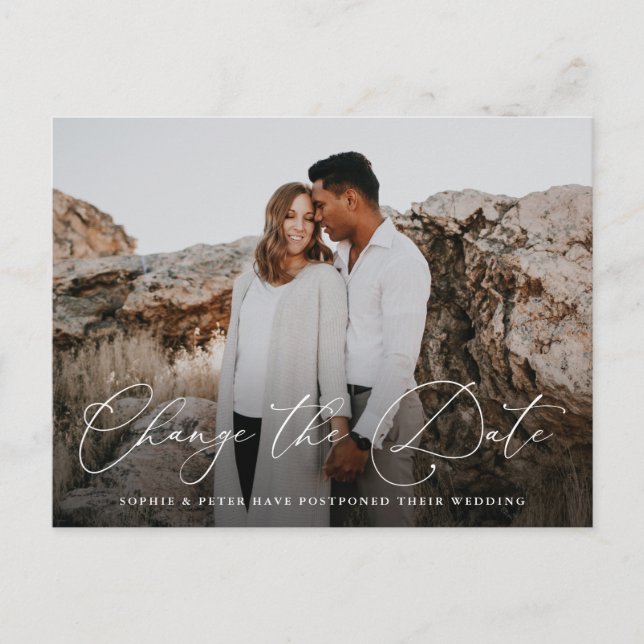 Simply Elegant Script Change the Date Postponement Announcement Postcard (Front)