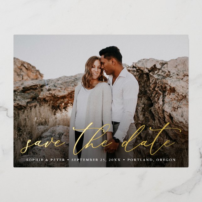 Simply Elegant Script Photo Save the Date Foil Invitation Postcard (Front)