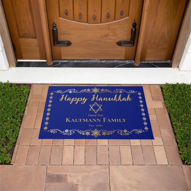 Simply Elegant Snowflakes Happy Hanukkah Name Doormat (Outdoor)