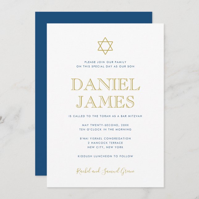 Simply Elegant Star of David Bar Mitzvah-Navy Gold Invitation (Front/Back)