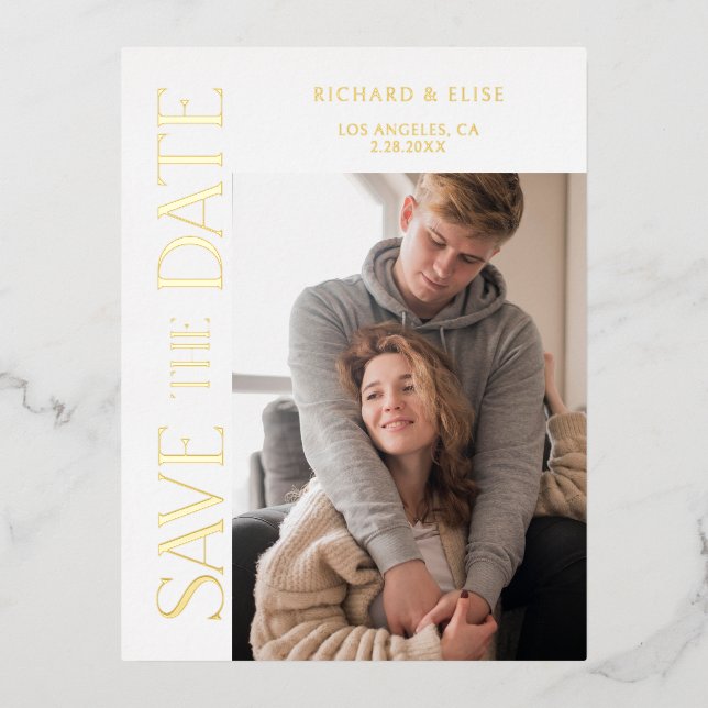 Simply Elegant Typography Photo Save the Date Foil Invitation Postcard (Front)