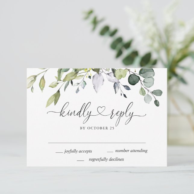Simply Elegant Watercolor Eucalyptus Wedding RSVP Card (Standing Front)