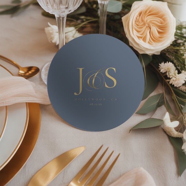 Simply Elegant Wedding Initials Blue ID1022 Round Paper Coaster (Creator Uploaded)