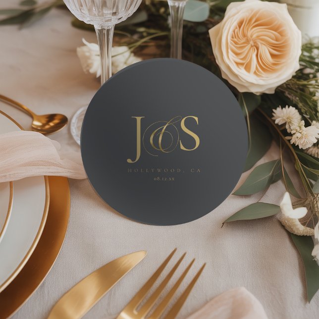 Simply Elegant Wedding Initials Charcoal ID1022 Round Paper Coaster (Creator Uploaded)