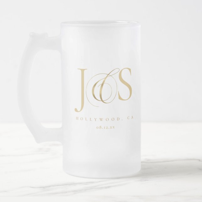 Simply Elegant Wedding Initials Gold ID1022 Frosted Glass Beer Mug (Left)