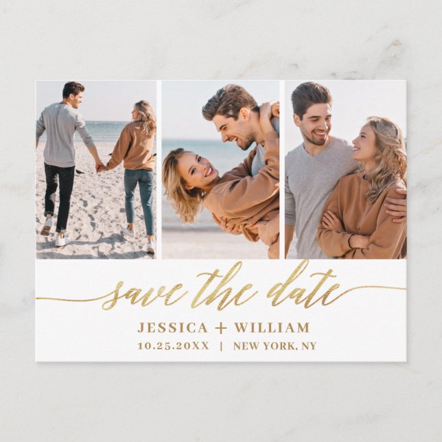 Simply Elegant Wedding Save the Date 3 Photo Postcard (Front)