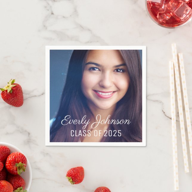 Simply Elegant White Script Photo Graduation Napkin (Insitu)