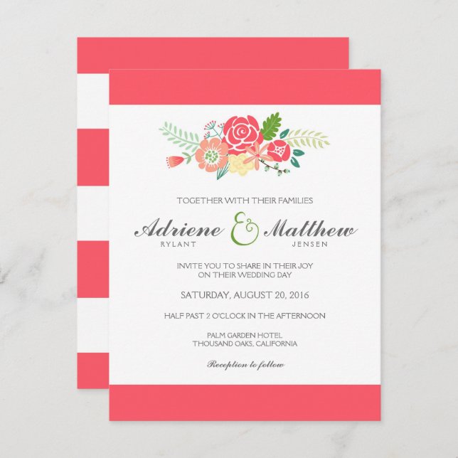 Simply Floral & Stripes Wedding Invitation / Coral (Front/Back)