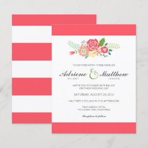 Simply Floral & Stripes Wedding Invitation / Coral