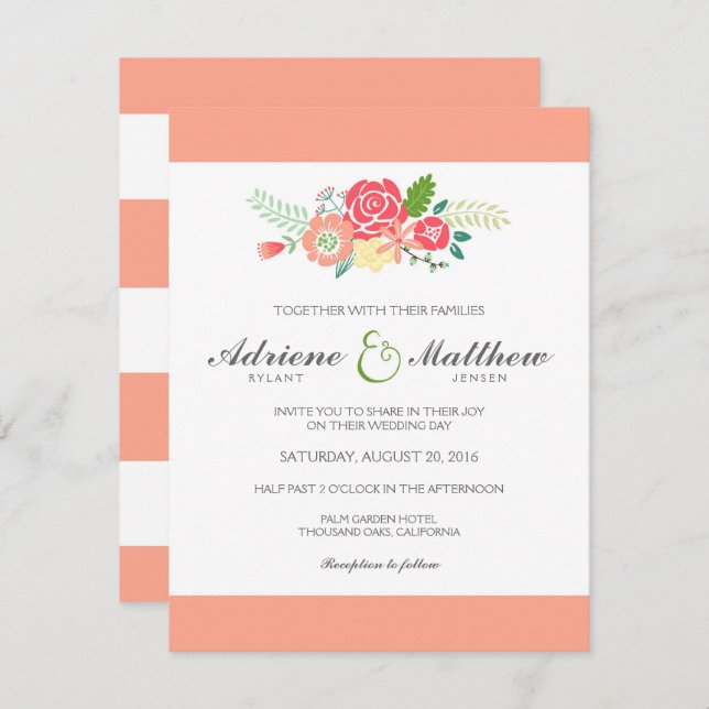 Simply Floral & Stripes Wedding Invitation / Peach (Front/Back)
